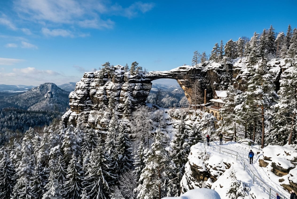 bohemian switzerland pravcicka gate sandstone arch winter snow prague day trip 2026