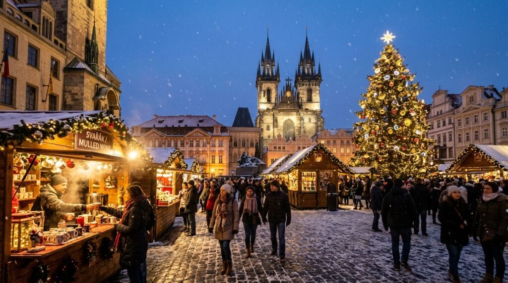 prague vs krakow christmas markets 2026 old town square christmas tree dusk