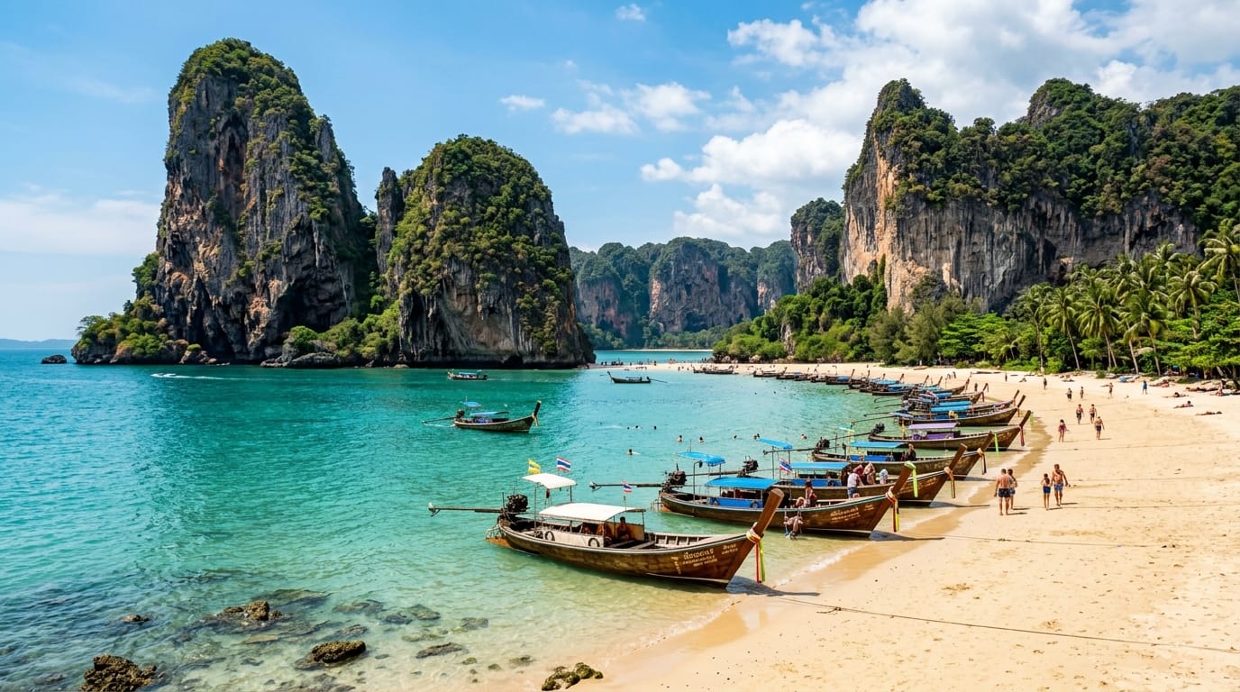 railay beach november 2026 guide with limestone karst cliffs and longtail boats