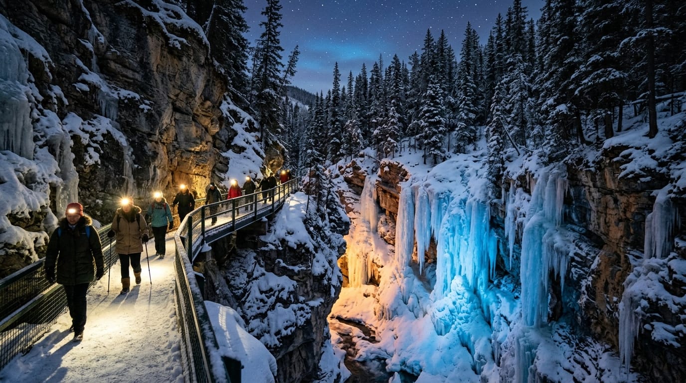 Johnston Canyon Evening Icewalk tour illuminated by headlamps and ice uplighting in Banff
