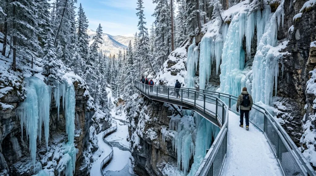 Johnston Canyon Icewalk guided tour trail catwalk overlooking frozen waterfalls in Banff