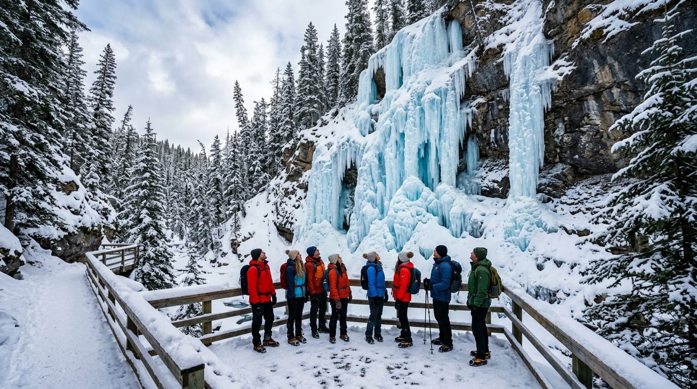 Hikers wearing ice cleats exploring the frozen Upper Falls on a Johnston Canyon Icewalk guided tour