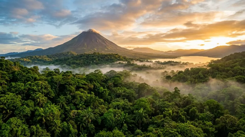 Arenal Volcano rising over rainforest canopy on the La Fortuna 4-in-1 combo tour