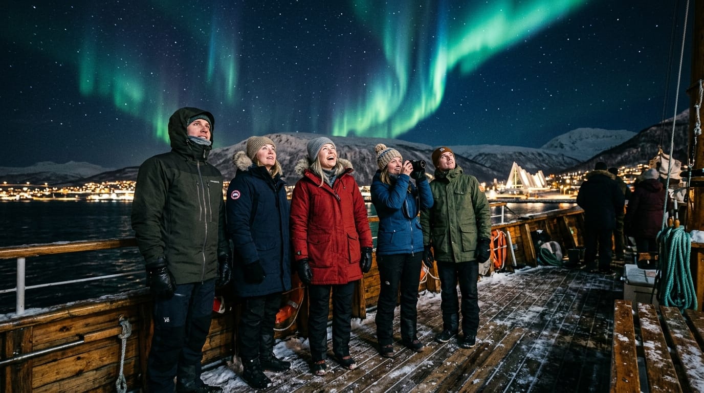 Travelers watching Northern Lights from cruise deck enjoying whales and Northern Lights in Tromsø