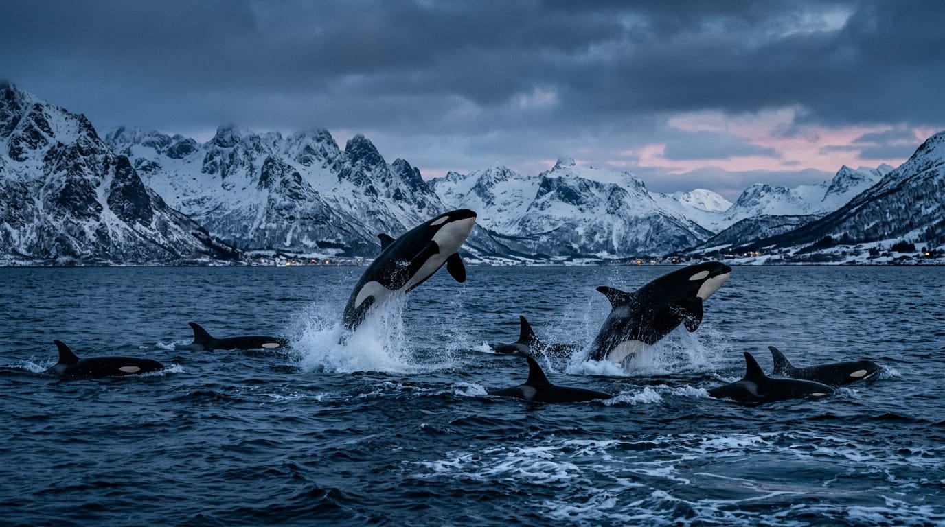 Wild orcas breaching during winter polar twilight for travelers seeking whales and Northern Lights in Tromsø