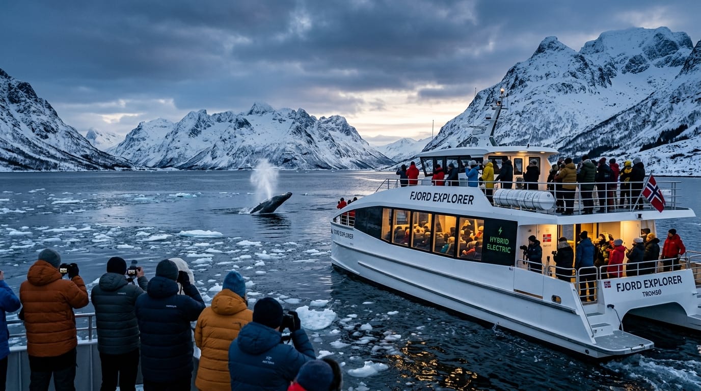 Silent hybrid electric catamaran whale watching cruise in Tromsø fjords