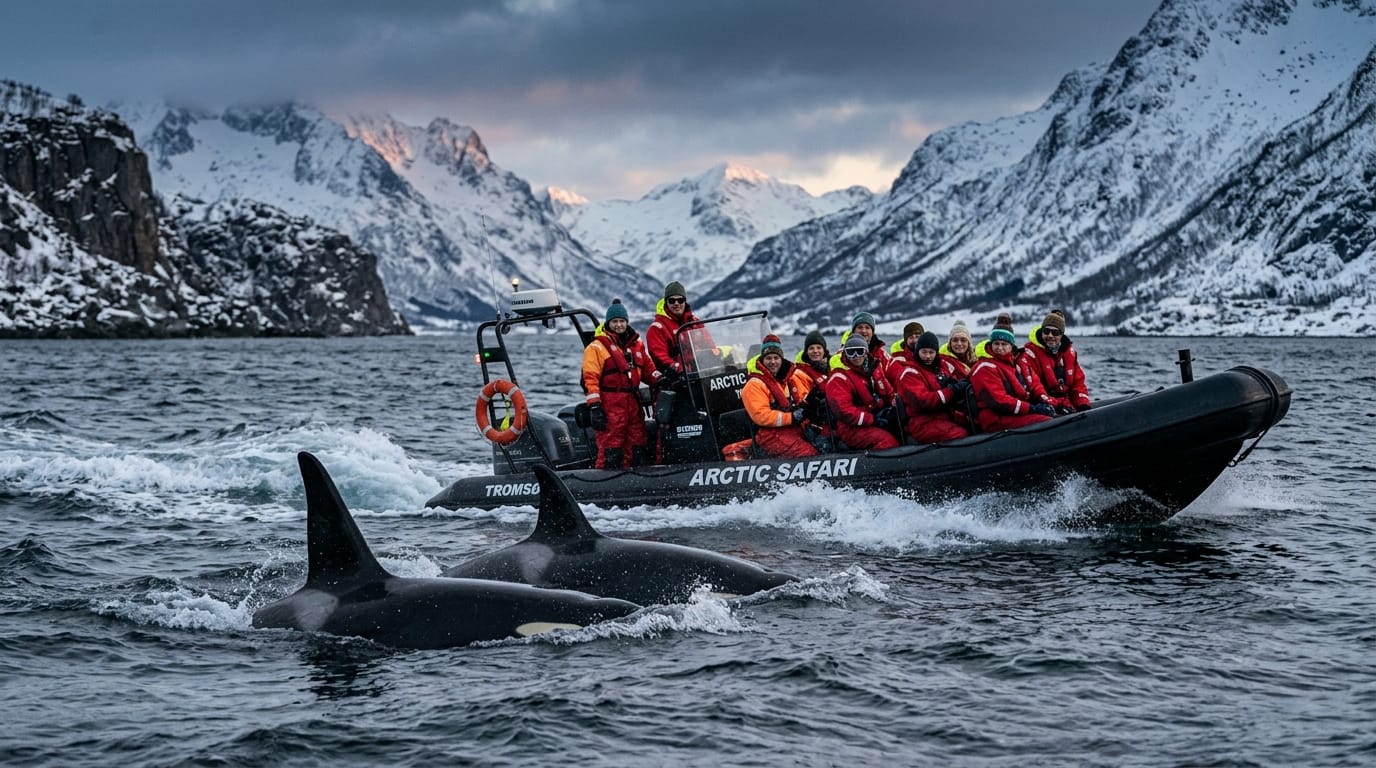 RIB boat orca whale watching encounter in Skjervøy Tromsø waters