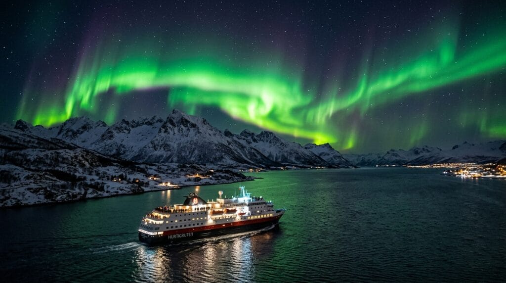 Whales and Northern Lights on the same Tromsø trip cruise ship under aurora borealis