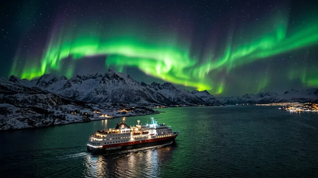 Whales and Northern Lights on the same Tromsø trip cruise ship under aurora borealis